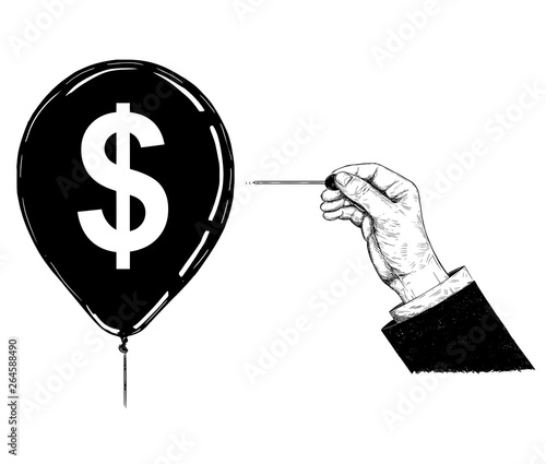 Cartoon drawing conceptual illustration of hand of businessman with needle or pin popping dollar currency symbol balloon.