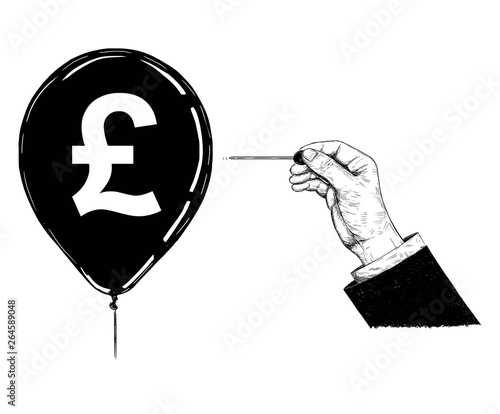 Cartoon drawing conceptual illustration of hand of businessman with needle or pin popping pound sterling currency symbol balloon.