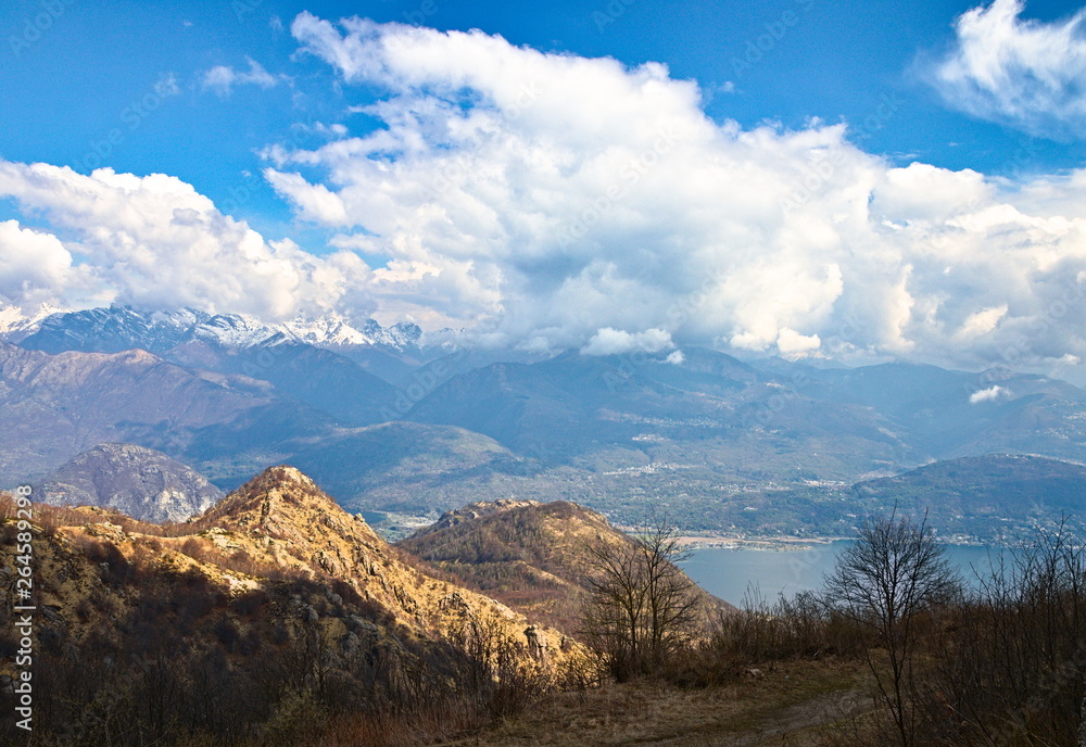 Aerial view from the Mottarone Mount on Alps and Lake Maggiore, Piedmont, Italy