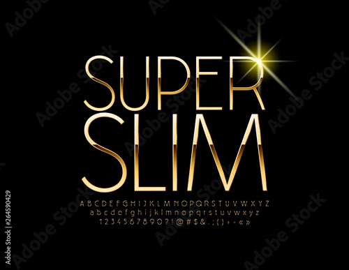 Vector Super Slim Golden Alphabet Letters, Numbers and Symbols. Luxury Font for Marketing design