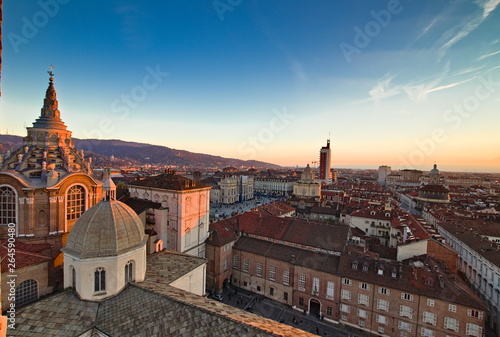 Aerial view from the Cathedral bell tower on the center of Turin at sunset in autumn © Marco