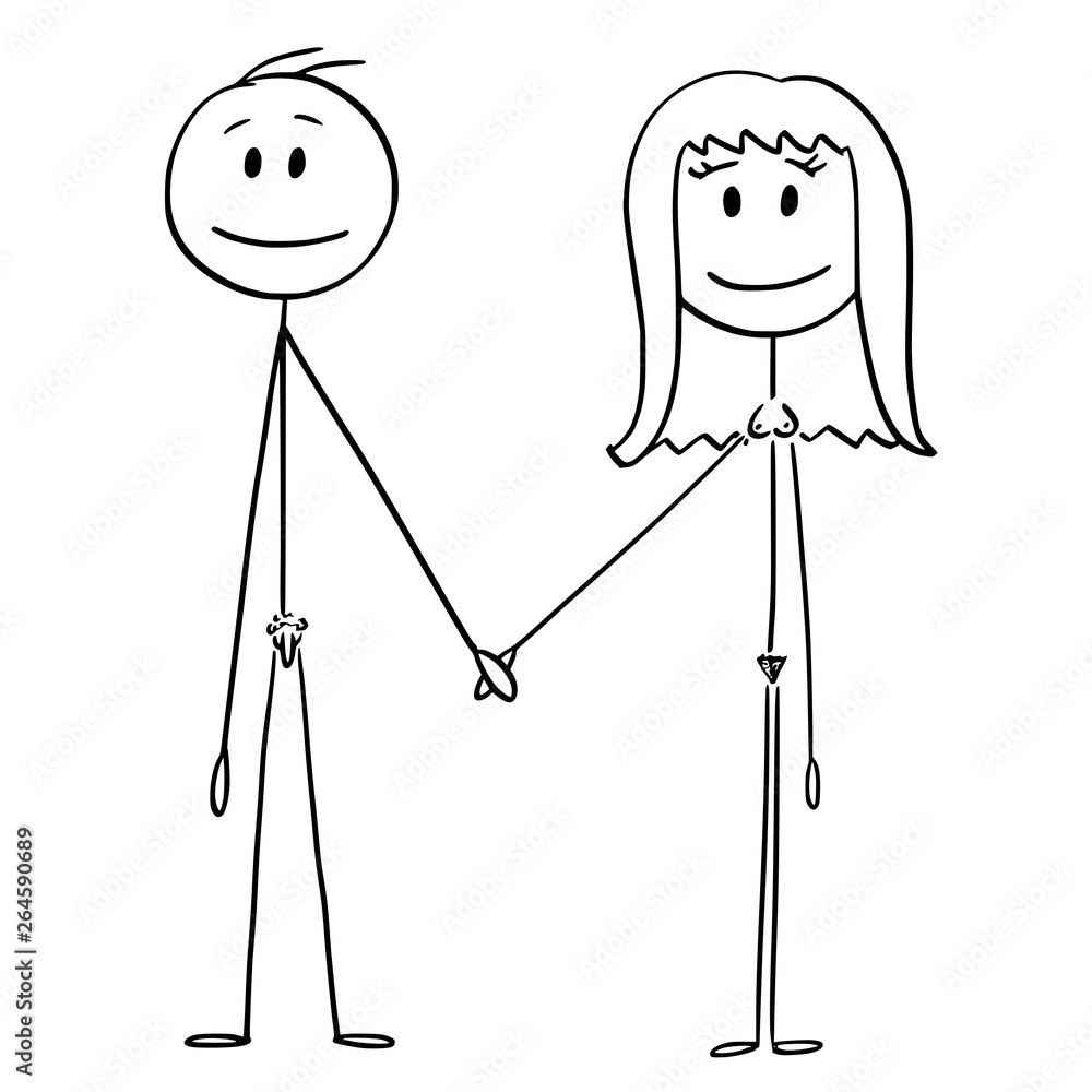 Cartoon stick figure drawing conceptual illustration of front of naked or  nude human pair of man and woman holding hand and smiling. Stock Vector |  Adobe Stock