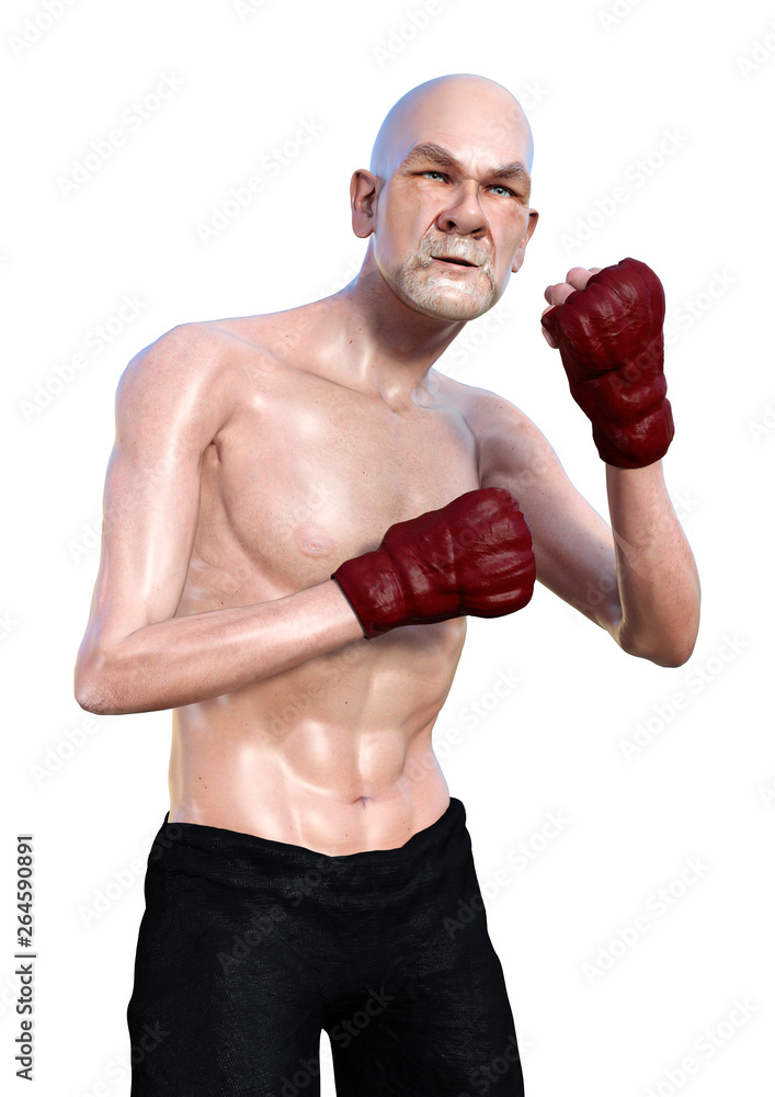 3D Rendering Senior Man Boxing on White