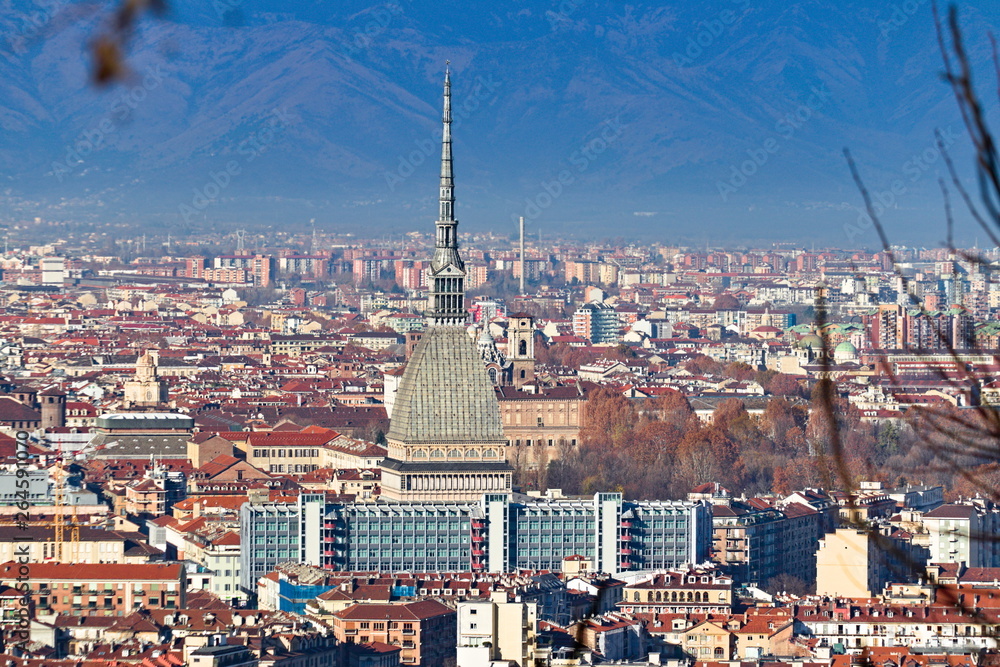 Panoramic aerial view on Vittorio Veneto square, Turin city center, Piedmont, Italy, with Mole Antonelliana 