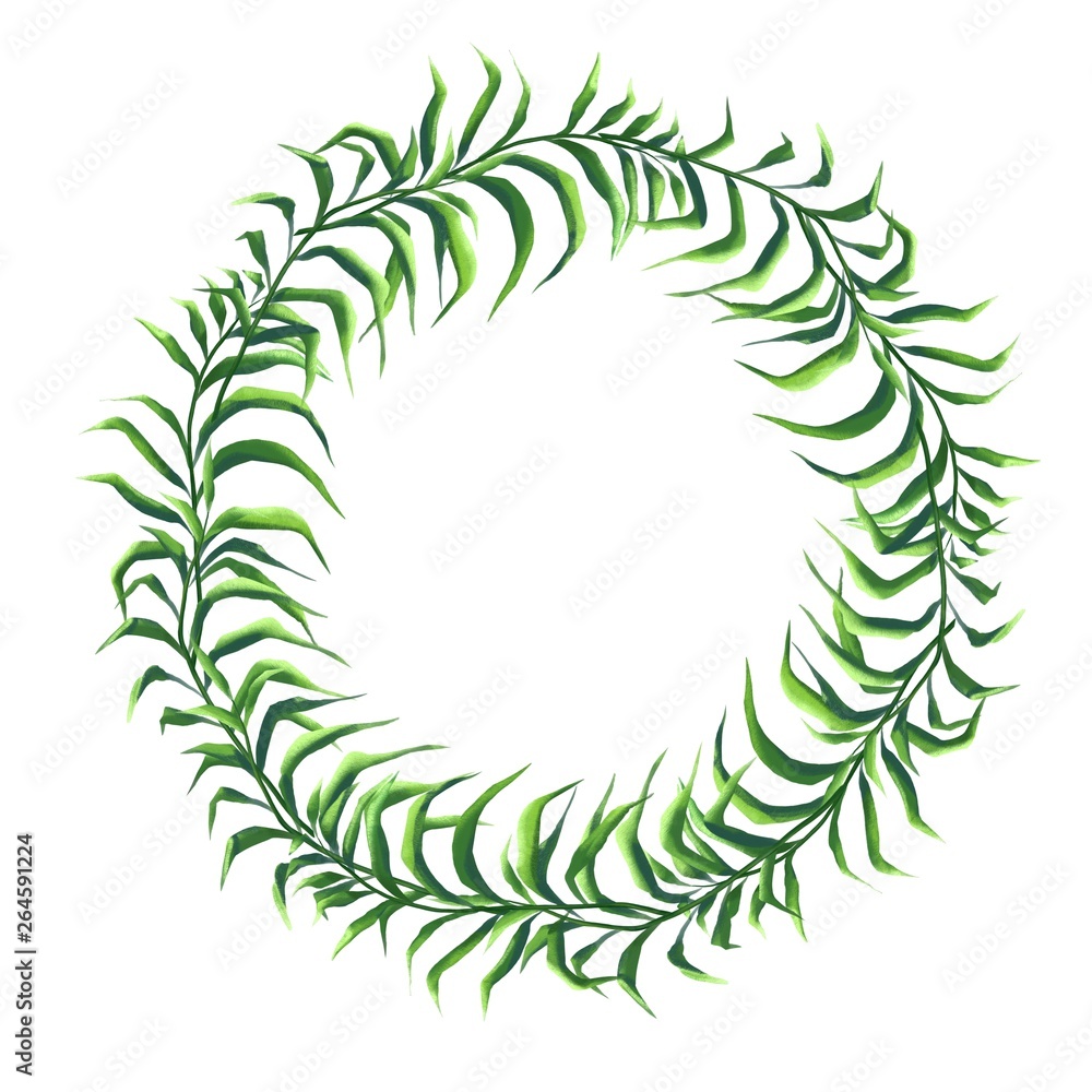 Green floral wreath ilolated on white. Palm leaves