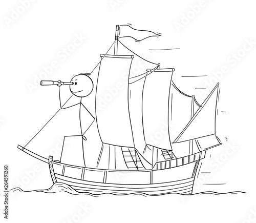 Cartoon stick figure drawing conceptual illustration of man or businessman standing as captain on the deck of sailing boat and looking through spyglass. Business concept of planning and future.