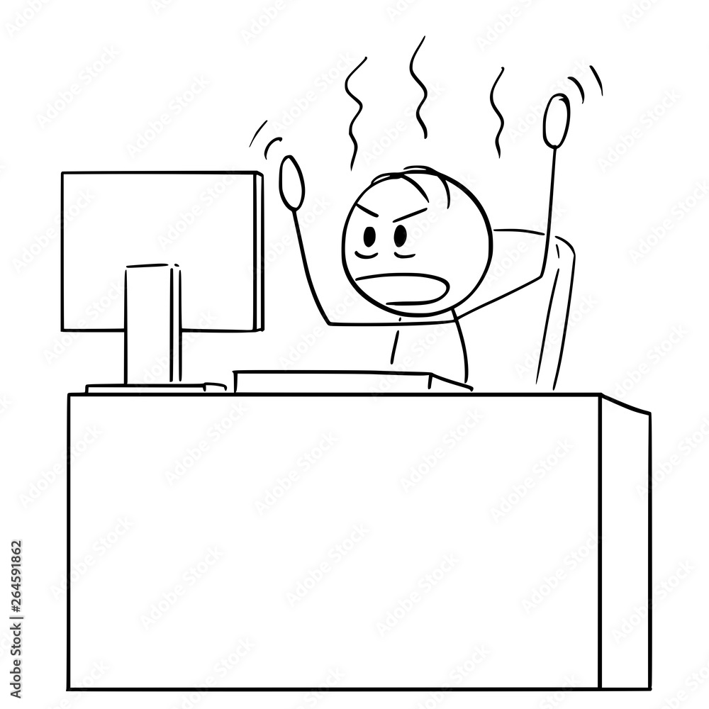 Cartoon stick figure drawing conceptual illustration of angry man or  businessman working in office on computer, but Internet or some program is  not working or connected. Stock Vector | Adobe Stock