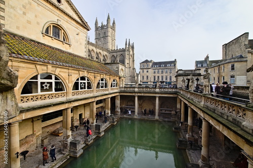 Bath, Somerset, England - December 24, 2018: The Roman Baths complex is a site of historical interest in the English city of Bath. It is a well-preserved Roman site once used for public bathing.