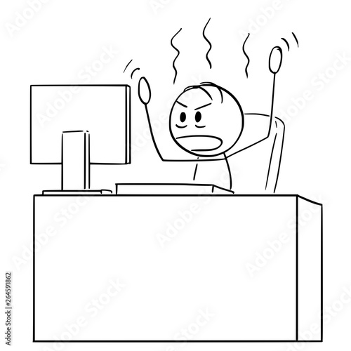 Cartoon stick figure drawing conceptual illustration of angry man or businessman working in office on computer, but Internet or some program is not working or connected.