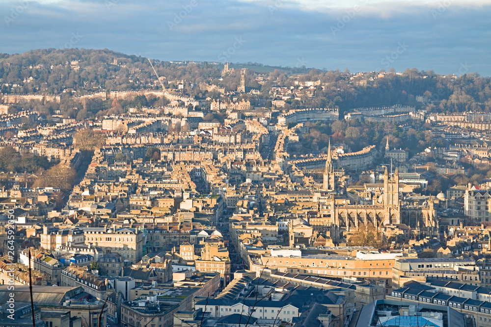 Aerial view on the Bath Abbey and the central old town from the Bath Lookout point in Alexandra Park, at sunset. Somerset, England.