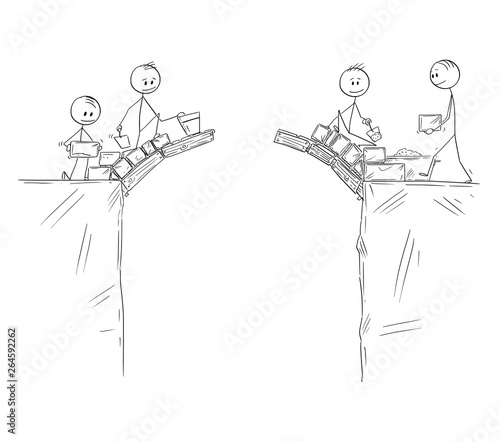 Cartoon stick figure drawing conceptual illustration of two groups of men or businessmen building bridge together to connect with other side. business concept of cooperation.