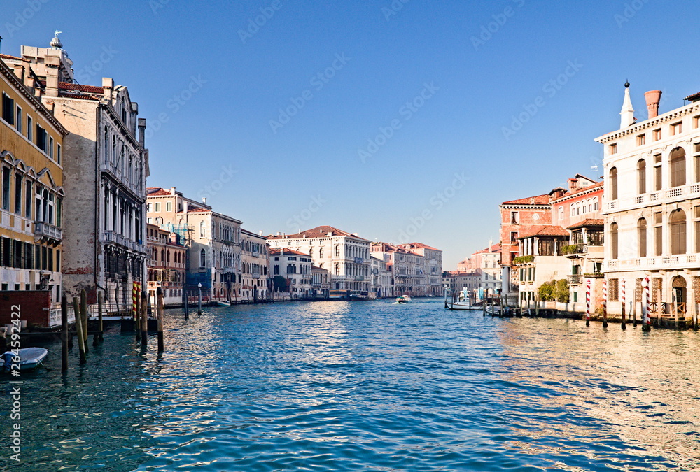 View of the Grand Canal in Venice, Italy, from the Ponte dell'Accademia, that is  one of only four bridges to span the Canal 