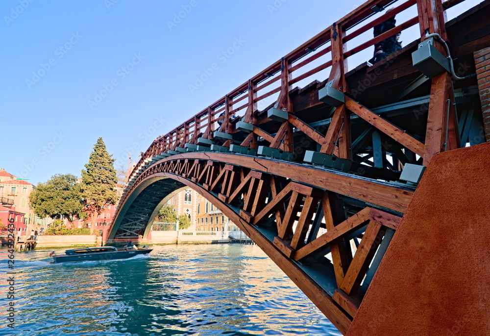 Venice, Italy - December 29, 2018: View from the Ponte dell'Accademia, that is one of only four bridges to span the Grand Canal Venice, Italy - December 29, 2018: View from the Ponte dell'Accademia, that is one of only four bridges to span the Grand Canal
