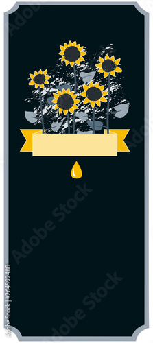 Elegant vector label for sunflower oil with doodle sunflowers. Black background