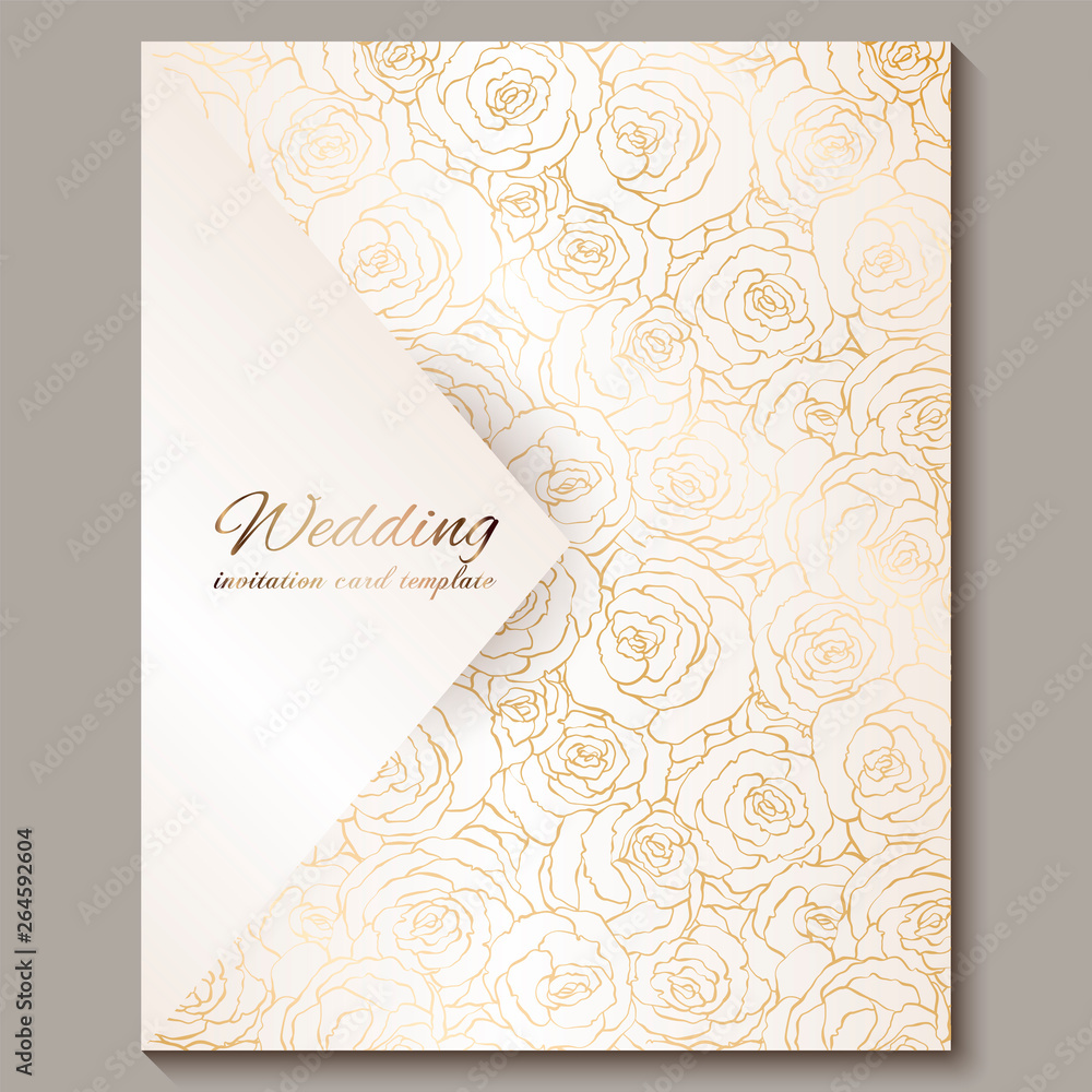 Luxury gold vintage wedding invitation, floral background with place for text, lacy foliage made of roses with golden shiny gradient. Victorian wallpaper ornaments, baroque style template for design