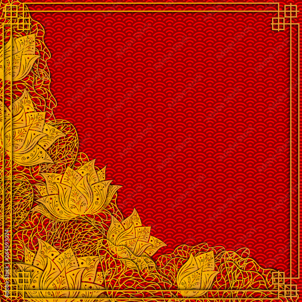 Template for invitation card, background, banner, greeting card, banner,  wallpaper with golden beautiful lotus flower pattern on red background  color. 3D vector illustration. Paper cut out style. Stock Vector | Adobe  Stock