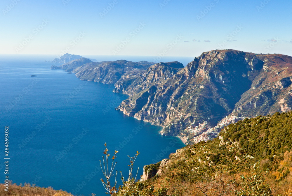 Aerial view of Positano, and Amalfi coast, in a clear winter morning from the top of a close mountain in Agerola, in the Path of Gods