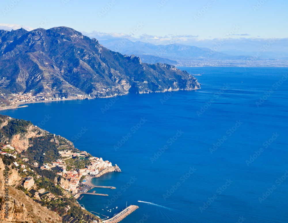 Aerial view on Amalfi, Italy, from the top of a close mountain, in a clear winter morning from Castello Lauritano in Agerola