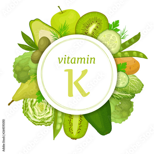 Foods high in vitamin K. Vector illustration. Infographics on the theme of healthy eating and lifestyle. Information metstsinsky collage. Vegetables and fruits rich in vitamin K.