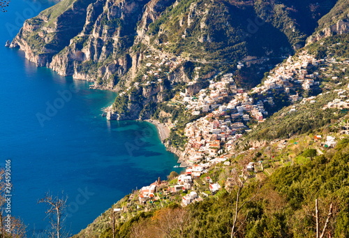 Aerial view of Positano, a famous characteristic maritime village on the Amalfi coast, in a clear winter morning from the top of a close moutain in Agerola, in the Path of Gods