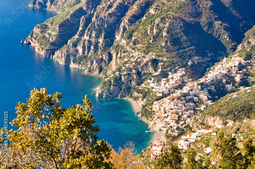 Aerial view of Positano, a famous characteristic maritime village on the Amalfi coast, in a clear winter morning from the top of a close moutain in Agerola, in the Path of Gods