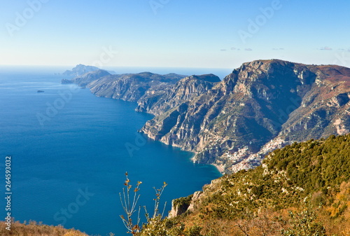 Aerial view of Positano, and Amalfi coast, in a clear winter morning from the top of a close mountain in Agerola, in the Path of Gods © Marco