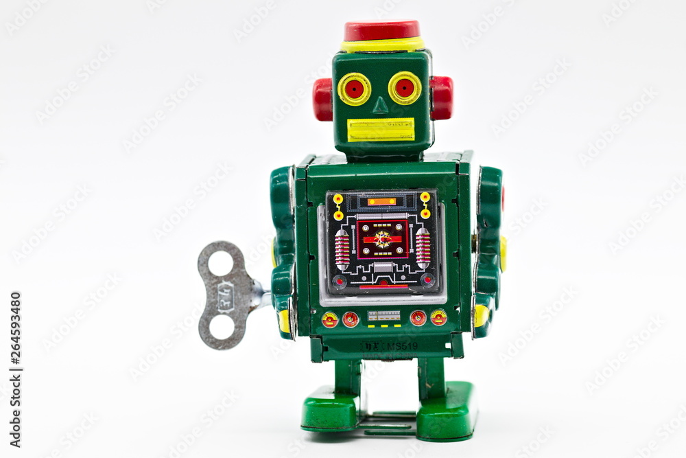 Green vintage old wind up toy robot isolated on white limbo background foto  de Stock | Adobe Stock