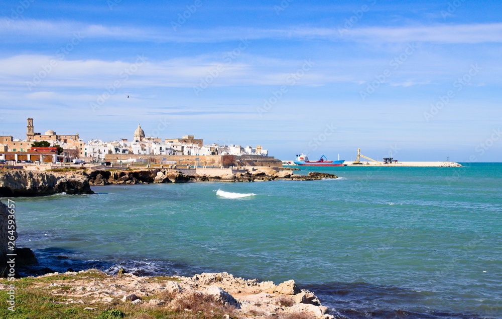 Panorama on Monopoli old town, that lies on the Adriatic Sea at southeast of Bari, Apulia, Italy. Bay with rocks and rough sea in a winter sunny morning