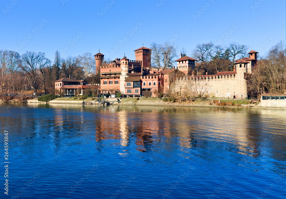 medieval fortress in Valentino Park, Turin, Piedmont, Italy, bright blue sky spring morning on the Po river