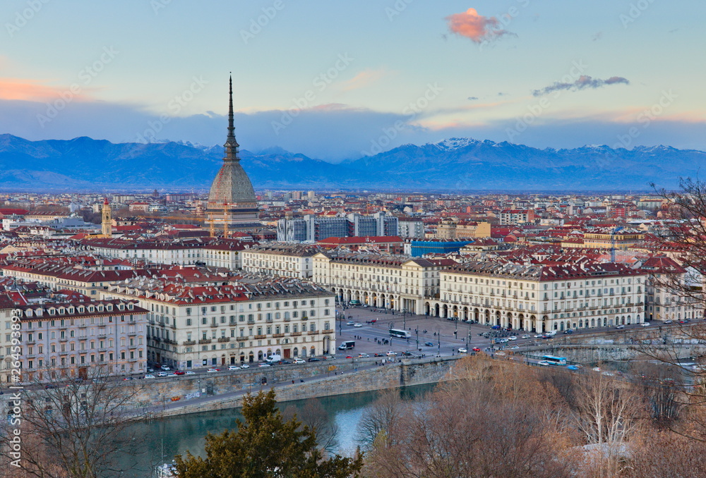 Panoramic aerial view on Turin city center, Piedmont, Italy, with Mole Antonelliana 