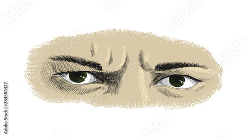 Men's frowning eyes with anger and resentment emotions, sketch vector graphics colorful drawing.