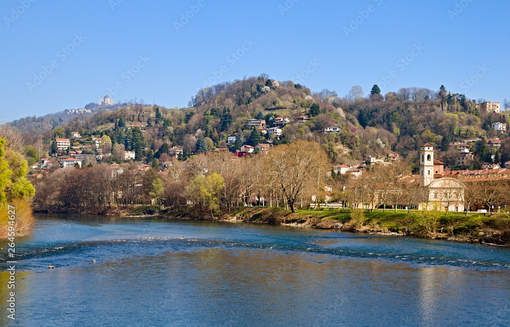 View on Superga church and hills around the Po river, Turin, Italy, in a bright spring morning