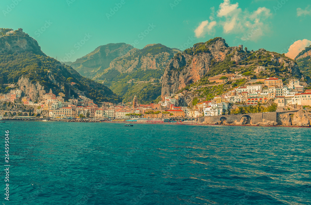 Amalfi is a small town in the mountains on the coast of the Tyrrhenian Sea in the Campania region, Italy