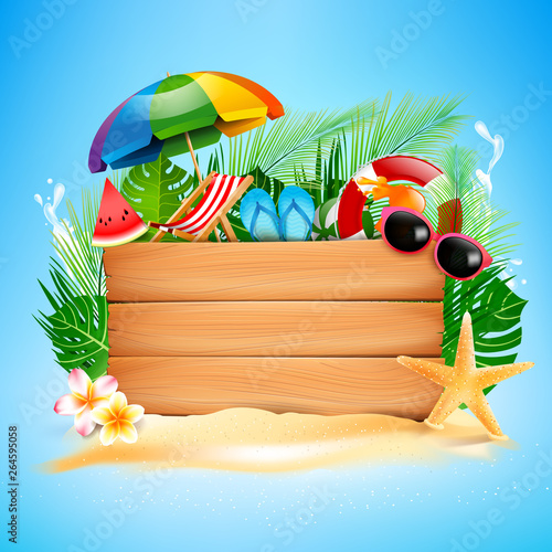 Blank wood board with copyspace and summer beach 001