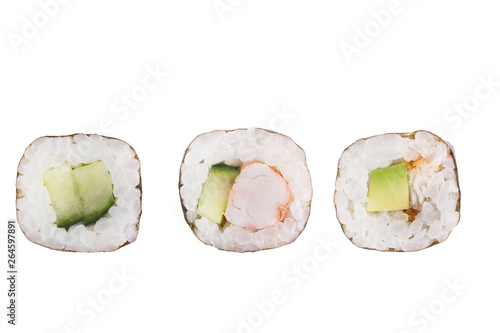 Sushi rolls isolated on white background. Collection. Close-up of delicious japanese food with sushi roll.