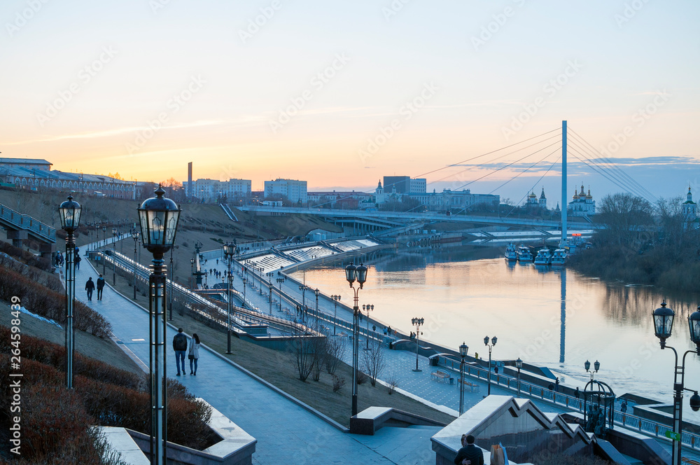 Tyumen, Russia, on April 19, 2019: The embankment in Tyumen in the evening.