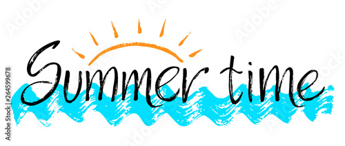 Dry brush handwritten lettering composition with waves and text Summer time. Logo design isolated on white background. Vector illustration EPS 10.