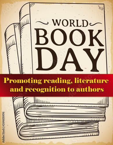 Books Drawing and Ribbon Promoting Precepts for World Book Day, Vector Illustration