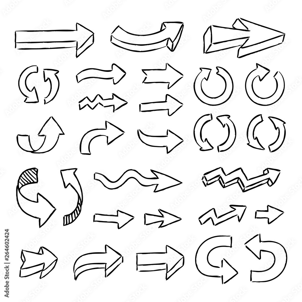 Illustration of handmade doodle arrows. Grunge sketch arrow vector set. Illustration of handmade doodle arrows. Grunge sketch arrow vector set.