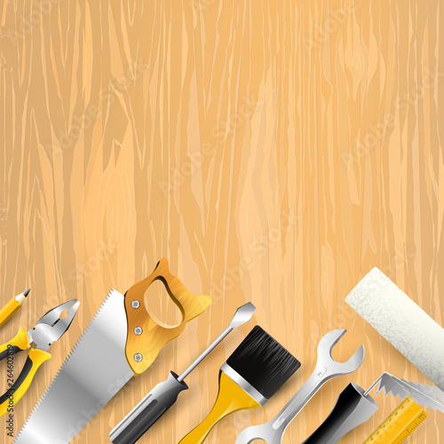 Carpentry trendy background with tools on wooden background