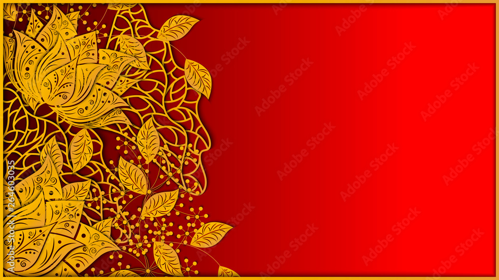 Floral background. Golden flowers of lotus fnd leaves on red background.  Design template for wedding invitation, greeting card and other events. 3D  vektor illustration. Paper cutout art style. Stock Vector | Adobe
