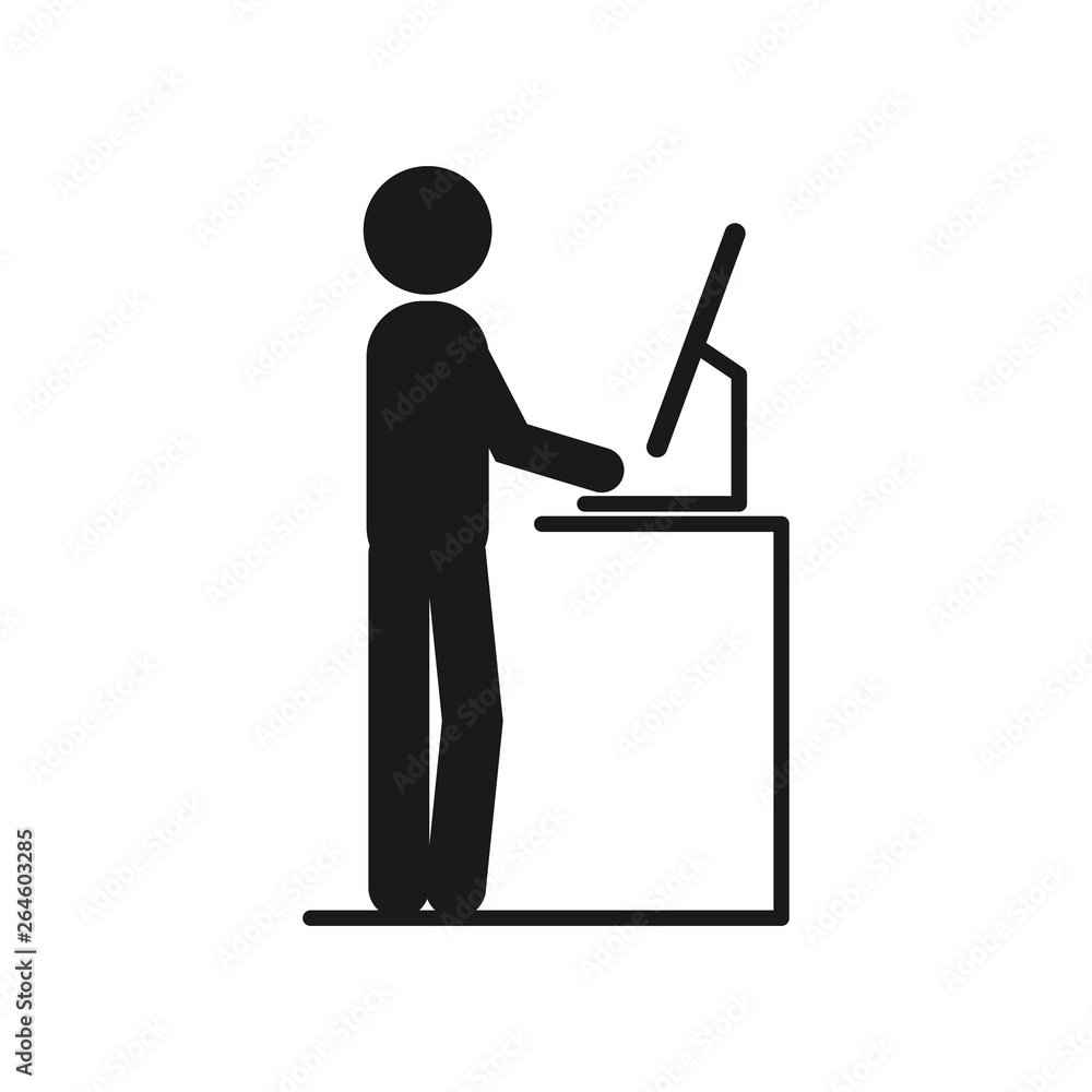 Man Working at Standing vector Desk. man working at the office on the computers Man Working at Standing vector Desk. man working at the office on the computers