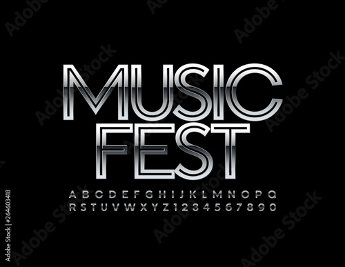 Vector metallic poster Music Fest with reflective Font. Uppercase silver Alphabet Letters and Numbers 