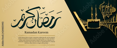 Ramadan kareem banner with arabic calligraphy and hand drawn sketch of kaaba and islamic lantern traditional luxury design