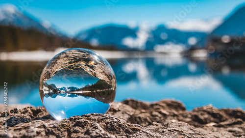 Crystal ball alpine landscape shot at the famous Piller lake-Tyrol-Austria