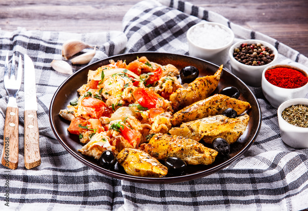 Breakfast - scrambled eggs with chicken strips Breakfast - scrambled eggs with chicken strips