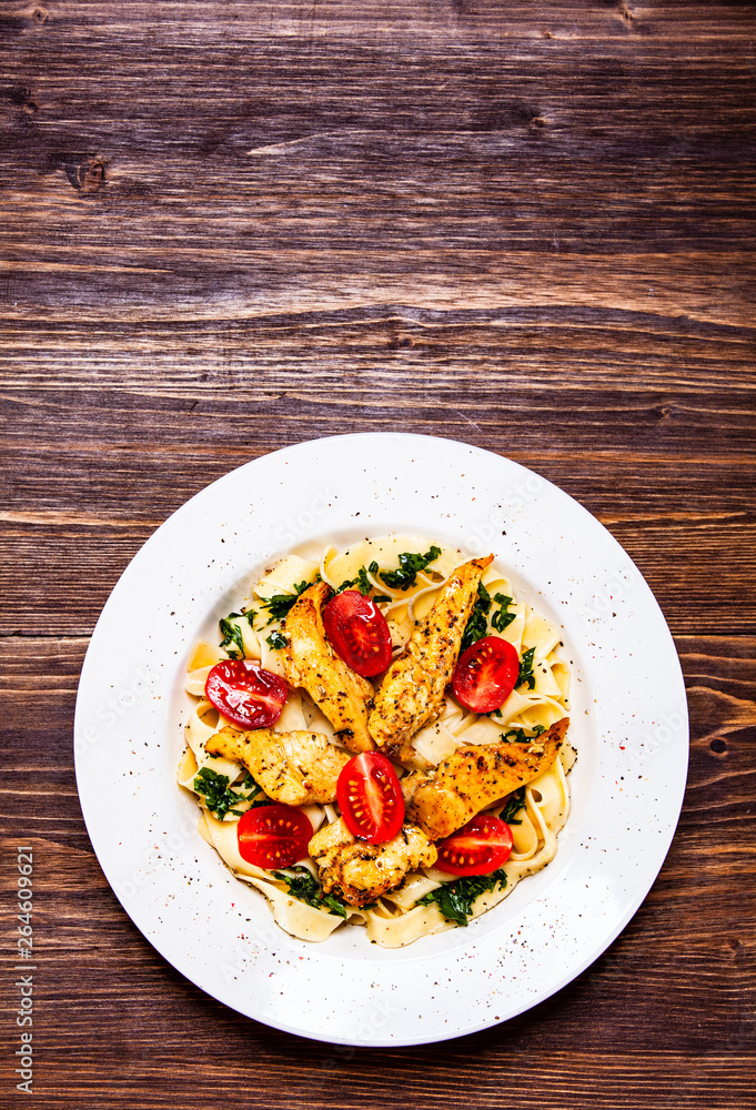 Pasta with meat, sauce and vegetables Pasta with meat, sauce and vegetables