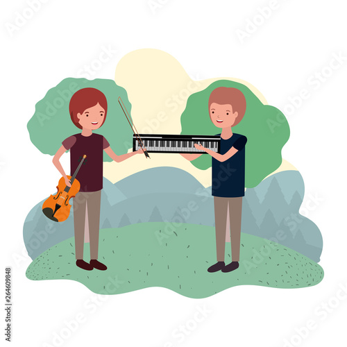 men with musical instruments in landscape