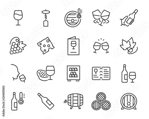 set of wine icon, such as grape, cheese, barrel, bottle, glass
