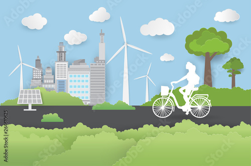 ecology idea , city scape paper art style,technology power saving, vector design